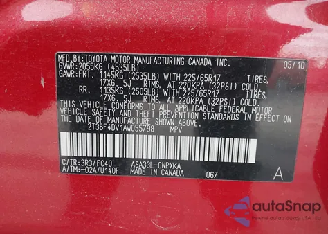 2010 Toyota Rav4 z USA, uszkodzony, nr VIN 2T3BF4DV1AW055798